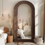 Arched Full Length Mirror with Solid Wood Frame, 71x32 Farmhouse Wall Mounted Floor Mirror with Stand, Vertical Hanging, Leaning Standing for Bedroom, Living Room, Brown - Image 8