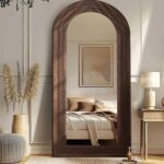 Arched Full Length Mirror with Solid Wood Frame, 71x32 Farmhouse Wall Mounted Floor Mirror with Stand, Vertical Hanging, Leaning Standing for Bedroom, Living Room, Brown - Image 9