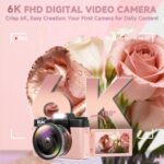 6K Digital Camera for Photography Autofocus, 64MP WiFi Vlogging Camera for YouTube with 3" 180° Flip Screen 16X Zoom, 64GB SD Card & 2 Batteries Pink Compact Travel Camera for Beginners Teens - Image 3