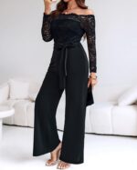 CHICME Womens Dressy Jumpsuits Casual One Piece Outfits Off Shoulder Lace Trim Overalls Straight Leg Pants - Image 7