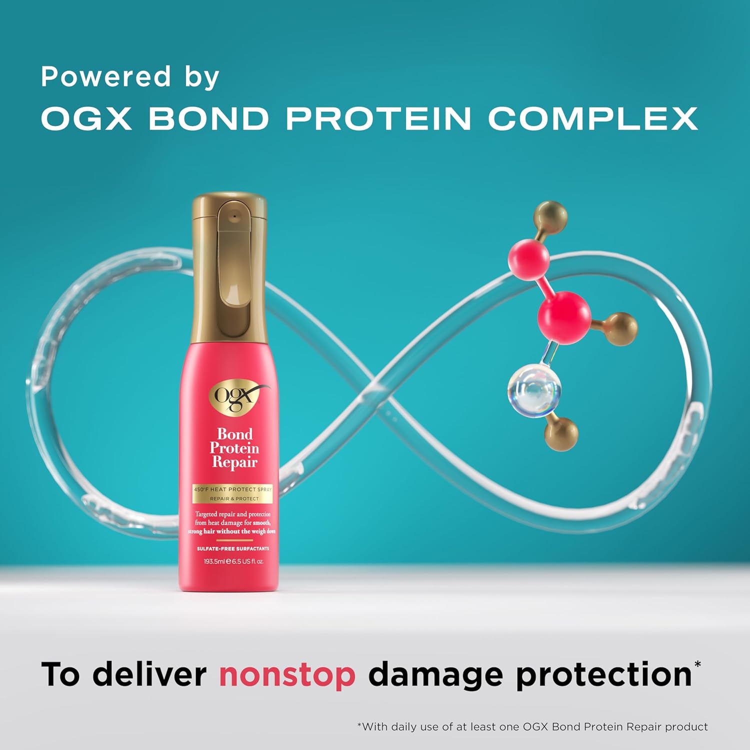 OGX Repair & Protect Bond Protein Repair 450°F Heat Protect Spray, Weightless Repair Mist for Nonstop Damage Protection* for All Hair Types, Heat Spray Preps Hair for Styling, 6.5 fl. oz - Image 9
