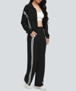 Casly Lamiit Women's 2 Piece Lounge Outfits Zip Up Sweat Set Contrast Striped Wide Leg Jogging Pants Travel Track Suit - Image 4