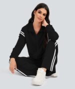 Casly Lamiit Women's 2 Piece Lounge Outfits Zip Up Sweat Set Contrast Striped Wide Leg Jogging Pants Travel Track Suit - Image 7