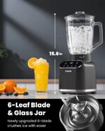GDOR Professional Blender for Kitchen, 1200 Peak Watts Smoothie Blender, 5 Functions for Ice Crushing & Frozen Fruit, 52 Oz Glass Jar & 24 Oz To-Go Cup Combo, Self-Cleaning, Gray - Image 5