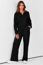 PRETTYGARDEN Women's 2 Piece Outfits Casual Lapel Half Zip Sweatshirts and Wide Leg Pants Tracksuit Sets - Image 3