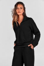 PRETTYGARDEN Women's 2 Piece Outfits Casual Lapel Half Zip Sweatshirts and Wide Leg Pants Tracksuit Sets - Image 4
