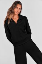 PRETTYGARDEN Women's 2 Piece Outfits Casual Lapel Half Zip Sweatshirts and Wide Leg Pants Tracksuit Sets - Image 7