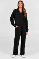 PRETTYGARDEN Women's 2 Piece Outfits Casual Lapel Half Zip Sweatshirts and Wide Leg Pants Tracksuit Sets - Image 8
