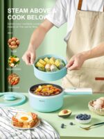 Hot Pot Electric With Steamer, 1.6L Ramen Cooker Non-Stick Sauté Pan for Steak, Egg, Fried Rice, Ramen, Oatmeal, Soup, Portable Personal Perfect Suit Dorm Room and Apartment (Aqua) - Image 7