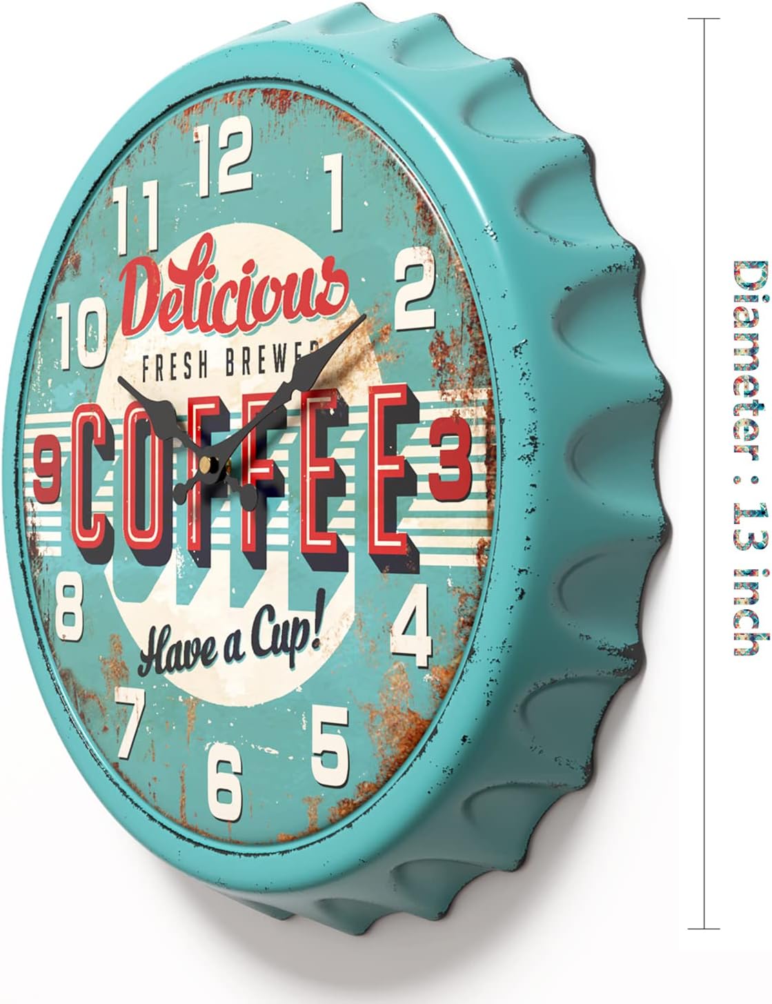 Menterry Bottle Cap Design Iron Retro Wall Clock, 13 inch Vintage Style, Silent Non-Ticking Battery Operated Creative Decor Wall Clocks for Cafes,Farmhouse,Office,Kitchen (Blue) - Image 3