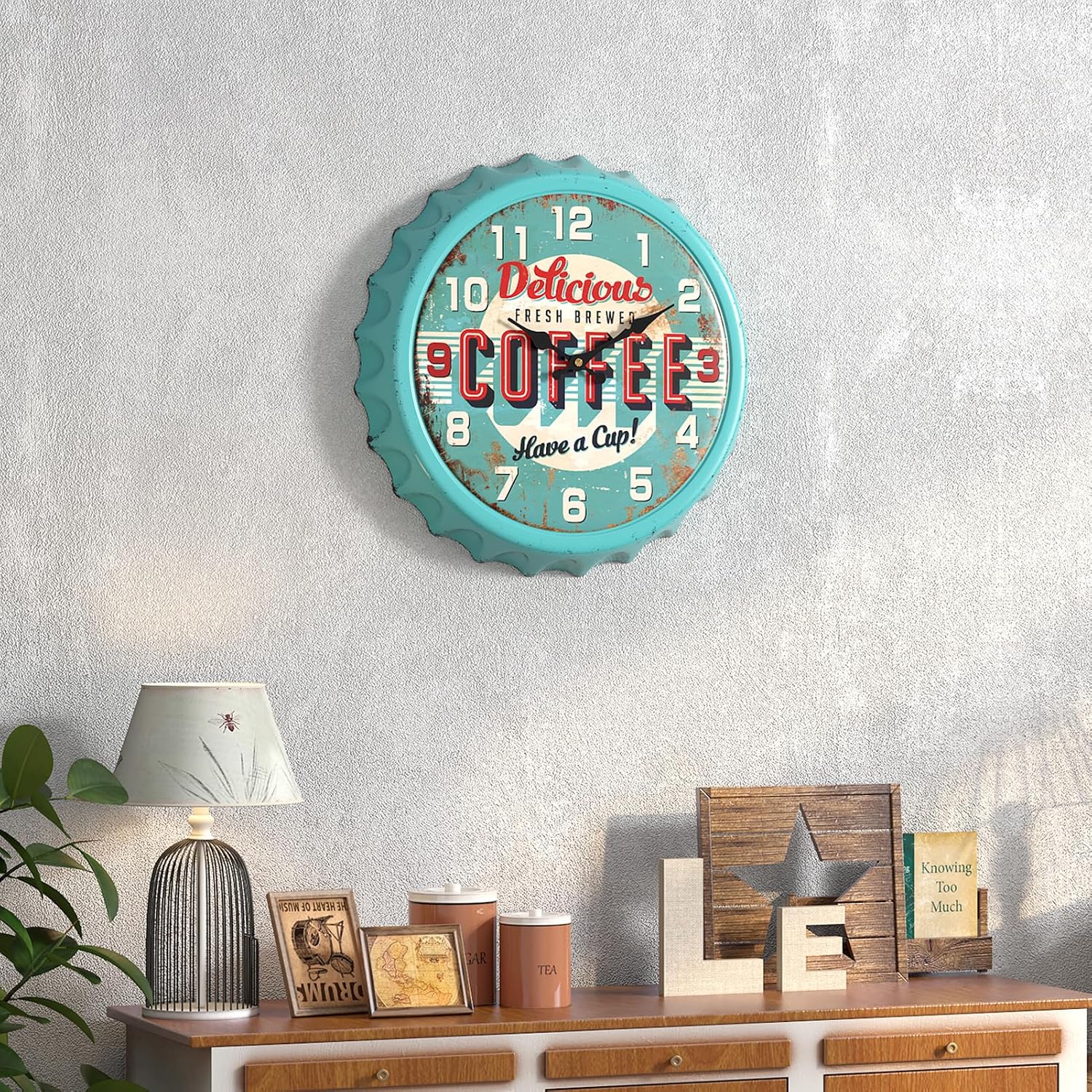 Menterry Bottle Cap Design Iron Retro Wall Clock, 13 inch Vintage Style, Silent Non-Ticking Battery Operated Creative Decor Wall Clocks for Cafes,Farmhouse,Office,Kitchen (Blue) - Image 8