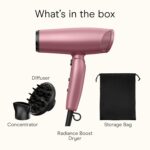 Conair Hair Dryer with Diffuser and Folding Handle, 1875W Travel Blow Dryer with Concentrator, Radiance Boost with Nano-Quartz Ceramic for Less Frizz, More Shine, and Silky Hair, Dusty Rose - Image 8