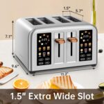 SEEDEEM Toaster 4 Slice, Stainless Steel, Touch Screen for Dual Control, Digital Timer, Smart Toaster with 6 Bread Type, 7 Shade Setting, 1.5''Wide Slot, Removable Crumb Tray, 1800W, Silver Metallic - Image 3