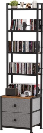 CD Storage Rack with Drawer, 5-Tier DVD Organizer Shelf w/Adjustable Book Stoppers, Media Storage Rack for CD/DVD, Books & Games, Ideal for Living Room & Home Office – 15.7x11.8x56.5Inches - Image 2
