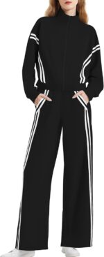 Casly Lamiit Women's 2 Piece Lounge Outfits Zip Up Sweat Set Contrast Striped Wide Leg Jogging Pants Travel Track Suit - Image 2