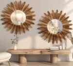 LOSOUR 2 Pack 22 Inch Boho Wall Sunburst Mirror Rustic Round Wood Decorative Mirror Boho Wall Art Decor for Entryway Bedroom Living Room - Image 2