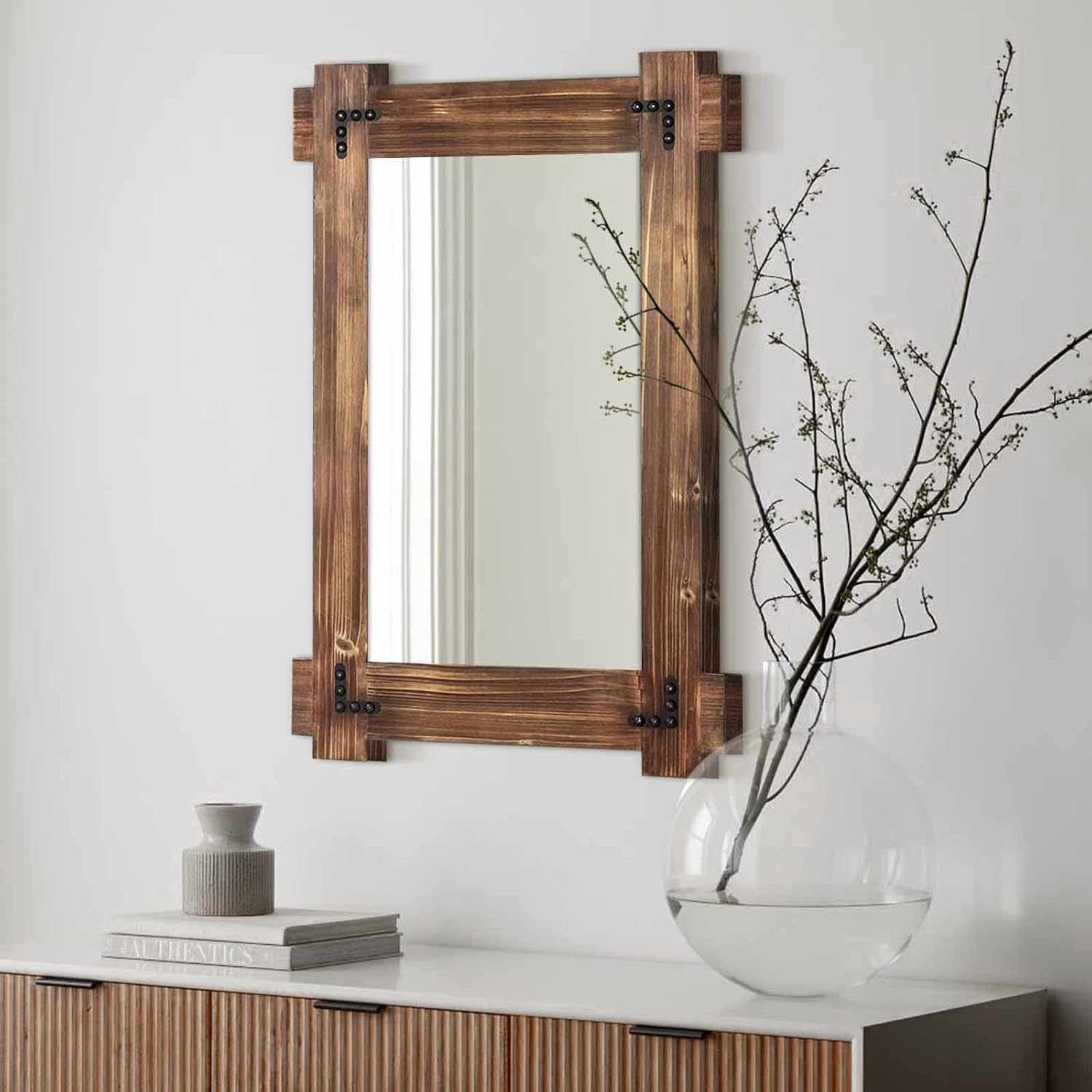 MeMoreCool Rustic Wood Mirror for Bathroom, Decorative Framed Farmhouse Vanity Mirror, Wall Mounted Rectangular Mirror for Bedroom or Living Room, Small 20x30 Inch - Image 2