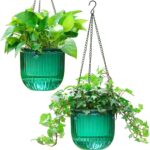 Melphoe 2 Pack Self Watering Hanging Planters Indoor Flower Pots, 6.5 Inch Outdoor Hanging Basket, Plant Hanger with 3Hooks Drainage Holes for Garden Home (Emerald) - Image 2