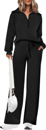 PRETTYGARDEN Women's 2 Piece Outfits Casual Lapel Half Zip Sweatshirts and Wide Leg Pants Tracksuit Sets - Image 2