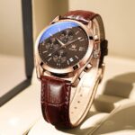 OLEVS Men's Chronograph Quartz Watches, Leather Strap Gold Case with Day Date, Waterproof Stainless Steel Wrist Watch, Luminous Hand Analog Watches for Men, Brown/Black/Blue/White Dial - Image 6
