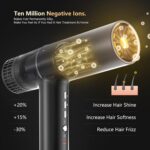 Hair Dryer, Professional Brushless Motor Ionic Hair Blow Dryer with Diffuser, Magnetic Nozzles, 0.83Pound, 2000W, 60dB, 3 Heat Settings & 3 Speed & Cold Settings, Diffuser Hair Dryer, Black - Image 4