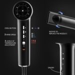 Hair Dryer, Professional Brushless Motor Ionic Hair Blow Dryer with Diffuser, Magnetic Nozzles, 0.83Pound, 2000W, 60dB, 3 Heat Settings & 3 Speed & Cold Settings, Diffuser Hair Dryer, Black - Image 6