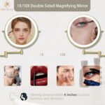 Rechargeable Wall Mounted Lighted Makeup Vanity Mirror 8 Inch Double Sided 1X 10X Magnifying Bathroom Mirror, 3 Color Lighting, Touch Screen Dimming, 360 Rotation Shaving Mirror Gold - Image 4