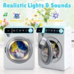 Kids Toy Washing Machine, Realistic Pretend Play Appliance for Girls, Interactive Toy Dollhouse Furniture, Play Washer and Dryer Playset with Spinning Drum, Light & Sound Effects, Laundry Basket Set - Image 7