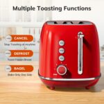 2 Slice Stainless Steel Toaster Retro with 6 Bread Shade Settings, Bagel, Cancel, Defrost Function, Extra Wide Slot, Removable Crumb Tray, Red - Image 3
