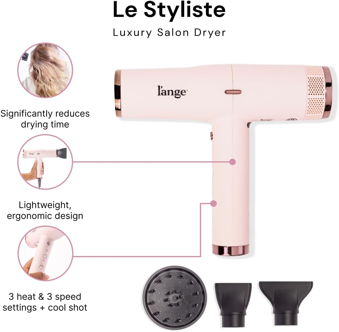 L'ANGE HAIR Le Styliste Hair Dryer | Quiet Brushless Blow Dryer with Diffuser | 1875 Watts for 4X Faster Drying | Hairdryer with 3 Heat & Speed Settings | Best Hair Dryers for Blowouts - Image 3