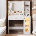 Makeup Vanity with Mirror and Lights, 34''W Dressing Table with Charging Station & RGB Glass Cabinet, Small Vanity Desk with 3 Color Lighting Modes & Adjustable Brightness - Image 7