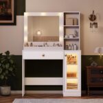 Makeup Vanity with Mirror and Lights, 34''W Dressing Table with Charging Station & RGB Glass Cabinet, Small Vanity Desk with 3 Color Lighting Modes & Adjustable Brightness - Image 8