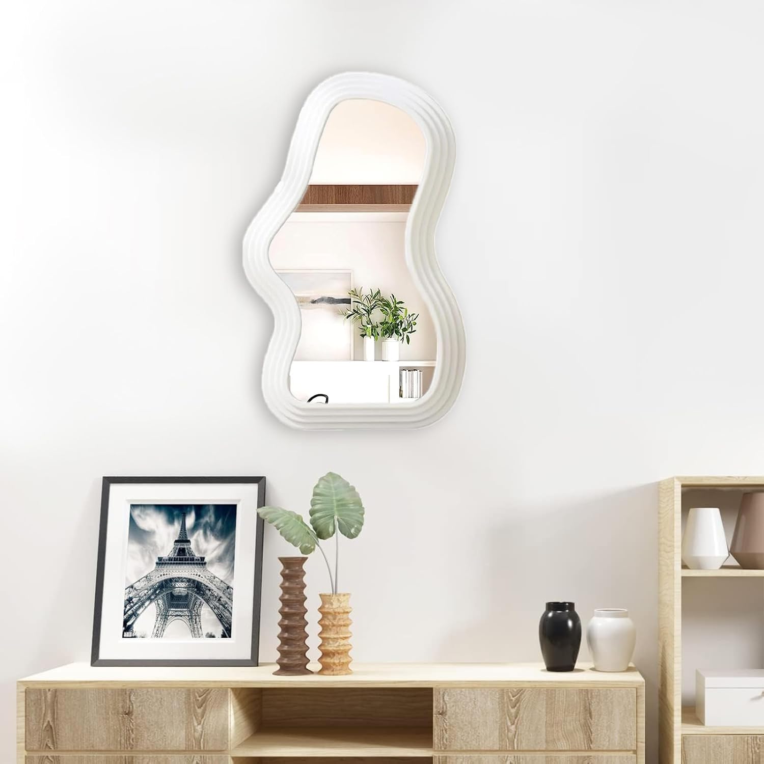 Mokoze Asymmetrical Wall-Mounted Mirror, Creative Unique Decorative Mirrors, Funky Wavy Mirror 16.14"x9.84" Irregular Border White Mirror for Bathroom Living Room Decoration - Image 8