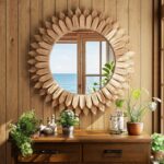 24 Inch Brown Boho Wall Decor Sunburst Mirror - Round Wooden Wall Decor, Handmade Rustic Circular Mirror for Living Room, Bedroom, Entryway, Office - Image 3
