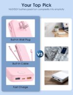 Portable Charger, 12000mAh 22.5W Fast Charging Power Bank with Built-in Cables & Wall Plug, Travel Essentials External Battery Pack, USB C Battery Phone Charger for iPhone, iPad, Samsung Pink - Image 3