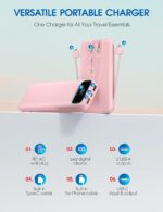Portable Charger, 12000mAh 22.5W Fast Charging Power Bank with Built-in Cables & Wall Plug, USB C External Battery Pack with LED Display, Travel Essential Charging Bank for iPhone, iPad, Samsung Pink - Image 3