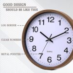 Wall Clock 12 Inch Wooden Frame Glass Cover Non-Ticking Number Quartz Modern Quartz Design Decorative Bedroom Kitchen Office Classroom Dark Brown - Image 4