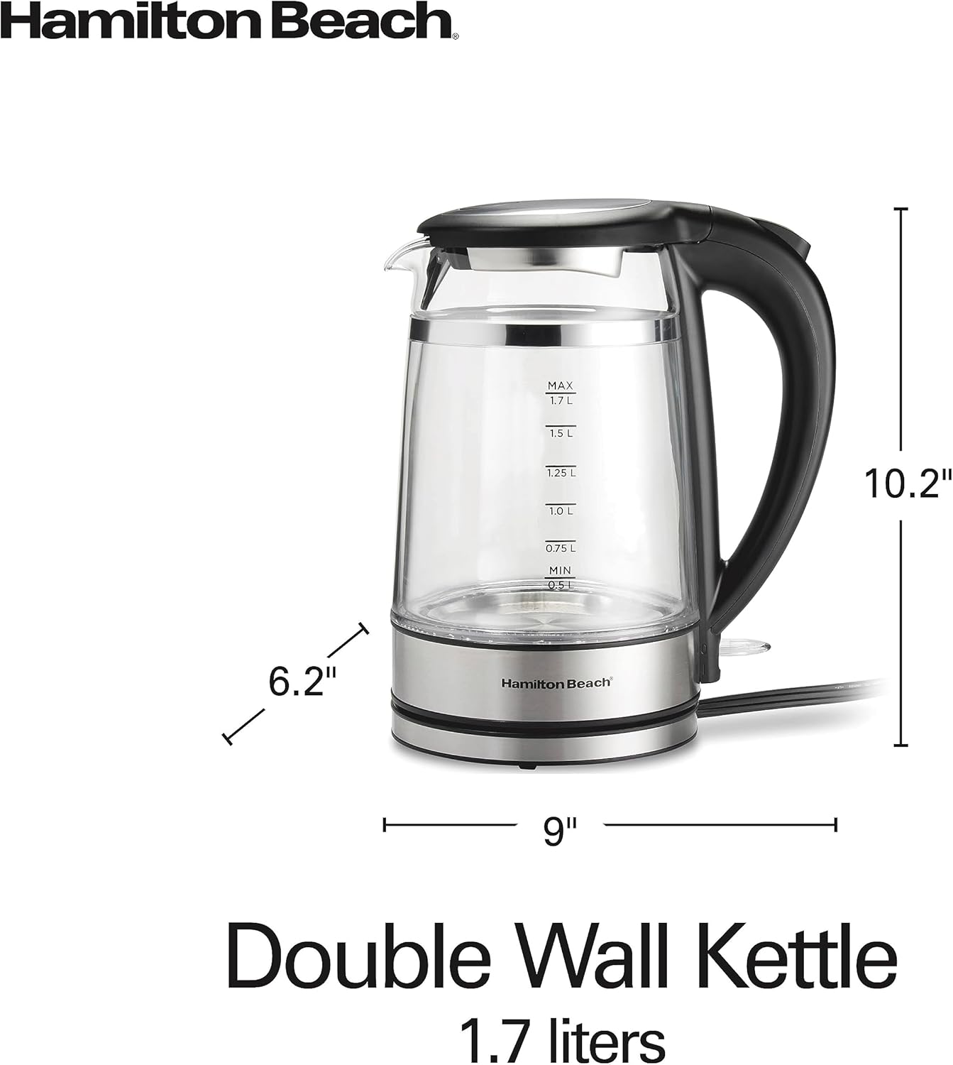 Hamilton Beach Double Wall 1.7L Electric Kettle, Water Boiler & Heater, Built-In Mesh Filter, Auto-Shutoff & Boil-Dry Protection, Cordless Serving, Variable LED Indicator, Glass (40850) - Image 9