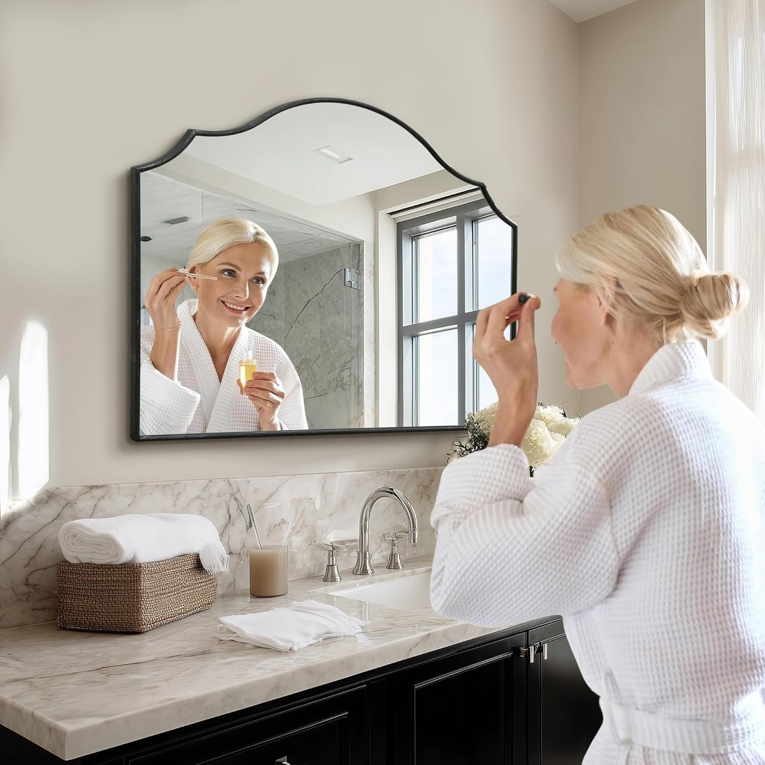 Besdomus Scalloped Arched Mirror for Mantel: 35"x26" Black Modern Wooden Wall Mirror - Minimalist Decorative Dresser Mirrors for Vanity/Bathroom/Bedroom/Fireplace/Living Room/Entryway - Image 4