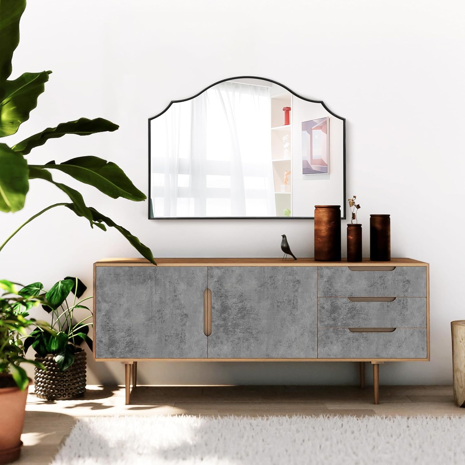 Besdomus Scalloped Arched Mirror for Mantel: 35"x26" Black Modern Wooden Wall Mirror - Minimalist Decorative Dresser Mirrors for Vanity/Bathroom/Bedroom/Fireplace/Living Room/Entryway - Image 8