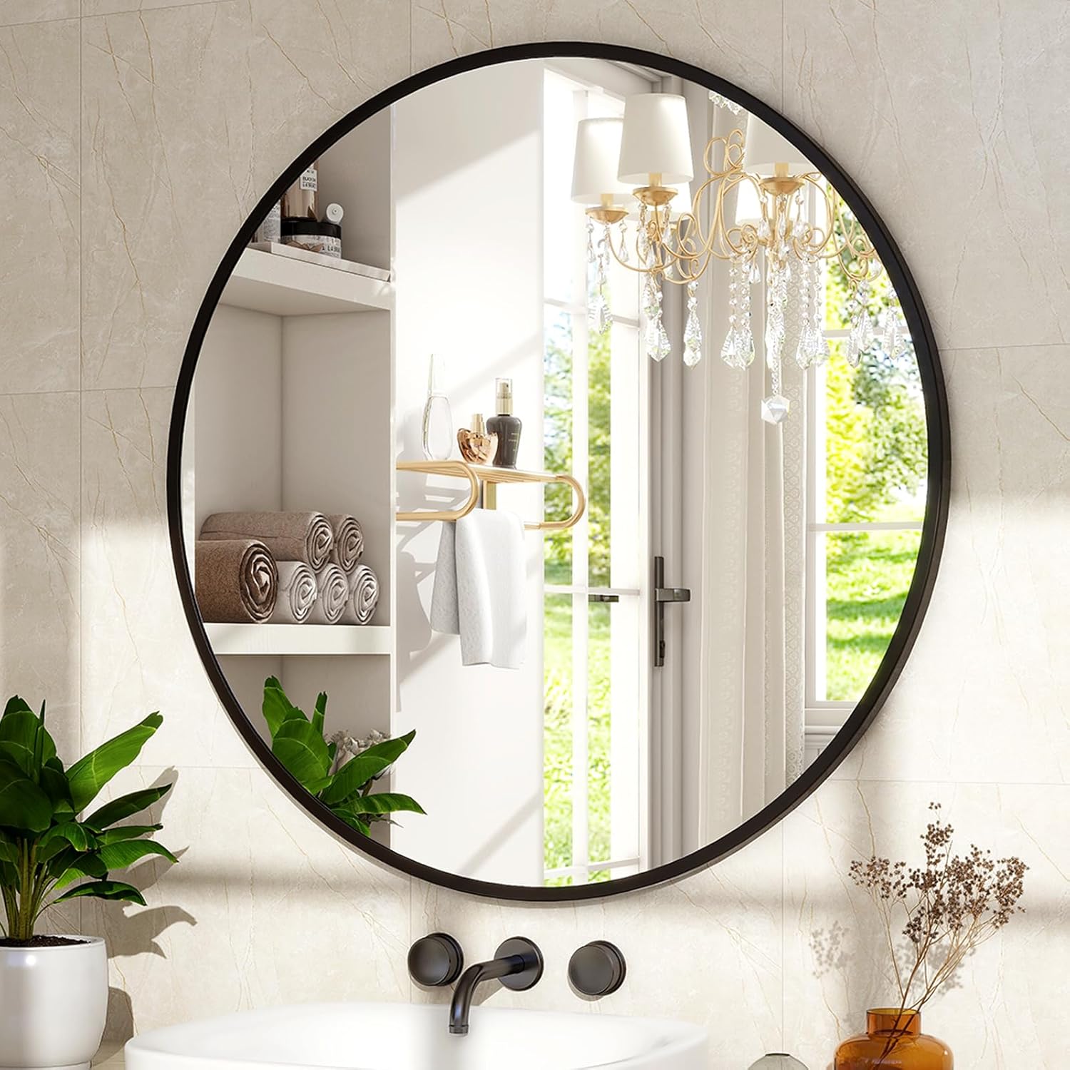 30 Inch Round Mirror - Circle Mirrors for Bathroom, Entryway and Living Room Wall Decor, Modern Hanging Vanity Mirror, Matte Black Circle Decorative Wall Mirror - Image 4