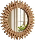 24 Inch Brown Boho Wall Decor Sunburst Mirror - Round Wooden Wall Decor, Handmade Rustic Circular Mirror for Living Room, Bedroom, Entryway, Office - Image 2