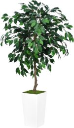 Artificial Ficus Tree 5FT - Faux Indoor Tree with White Tall Planter - Fake Ficus Floor Plant Potted - Artificial Silk Tree for Home Office Living Room Decor Indoor - Image 2