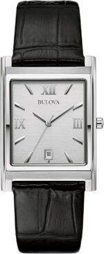 Bulova Men's Stainless Steel 3-Hand Calendar Date Quartz Watch with Black Leather Strap, Rectangle Dial Style: 96B107 - Image 2