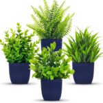 Der Rose 4 Pack Fake Plants Small Artificial Plants in Blue Pots Faux Plants Indoor for Home Room Bathroom Living Room Decor - Image 2