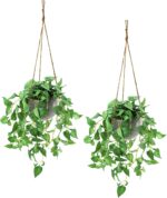 Hanging Plant Fake Plants with Pots, 2 Pack Artificial Plants, Faux Anthurium Leaf Basket for Wall Home Room Indoor Outdoor Decor - Image 2