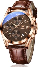OLEVS Men's Chronograph Quartz Watches, Leather Strap Gold Case with Day Date, Waterproof Stainless Steel Wrist Watch, Luminous Hand Analog Watches for Men, Brown/Black/Blue/White Dial - Image 2