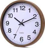 Wall Clock 12 Inch Wooden Frame Glass Cover Non-Ticking Number Quartz Modern Quartz Design Decorative Bedroom Kitchen Office Classroom Dark Brown - Image 2